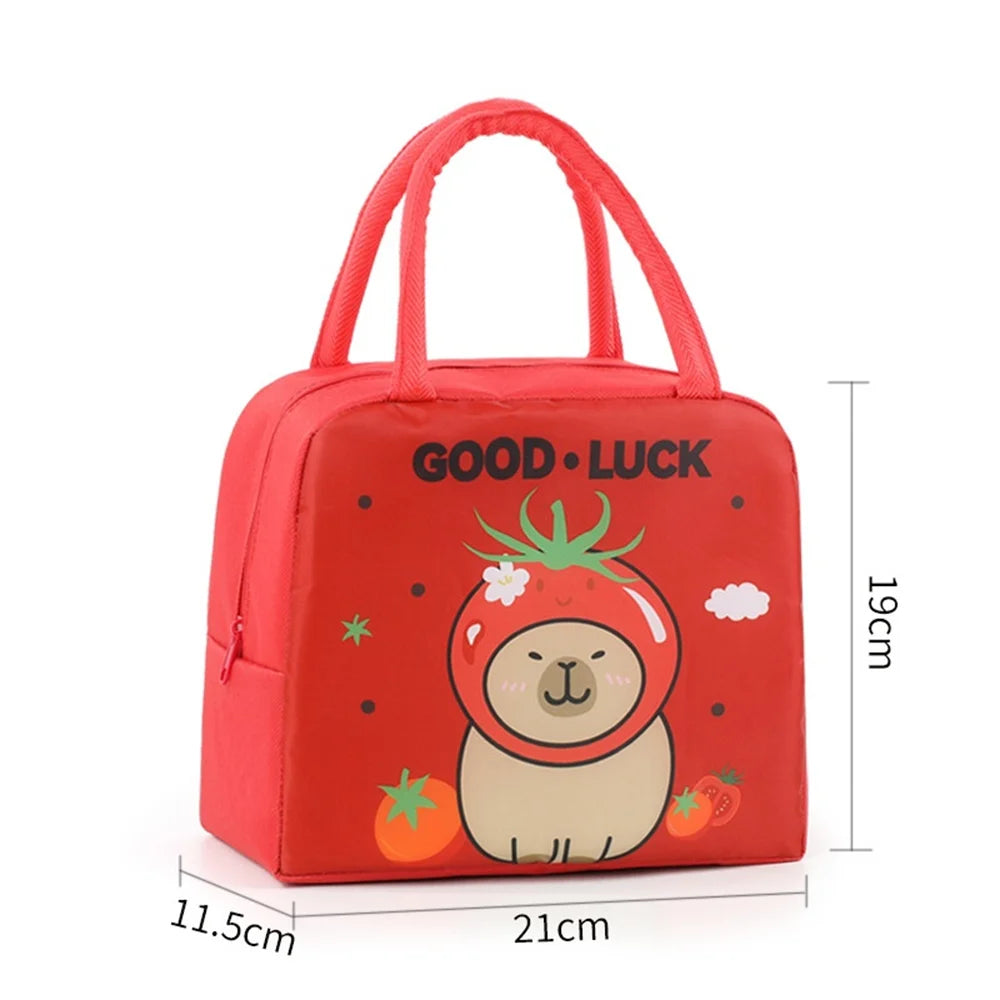 Red kawaii bag with cartoon bear and 'Good Luck' text, dimensions indicated