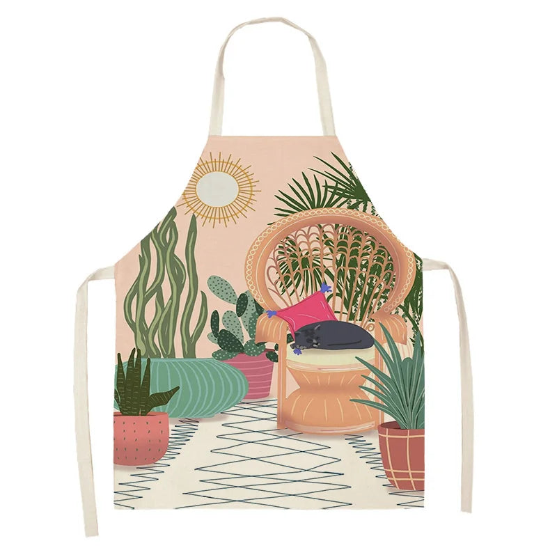 Kawaii apron with a desert-themed design featuring cacti and a chair.