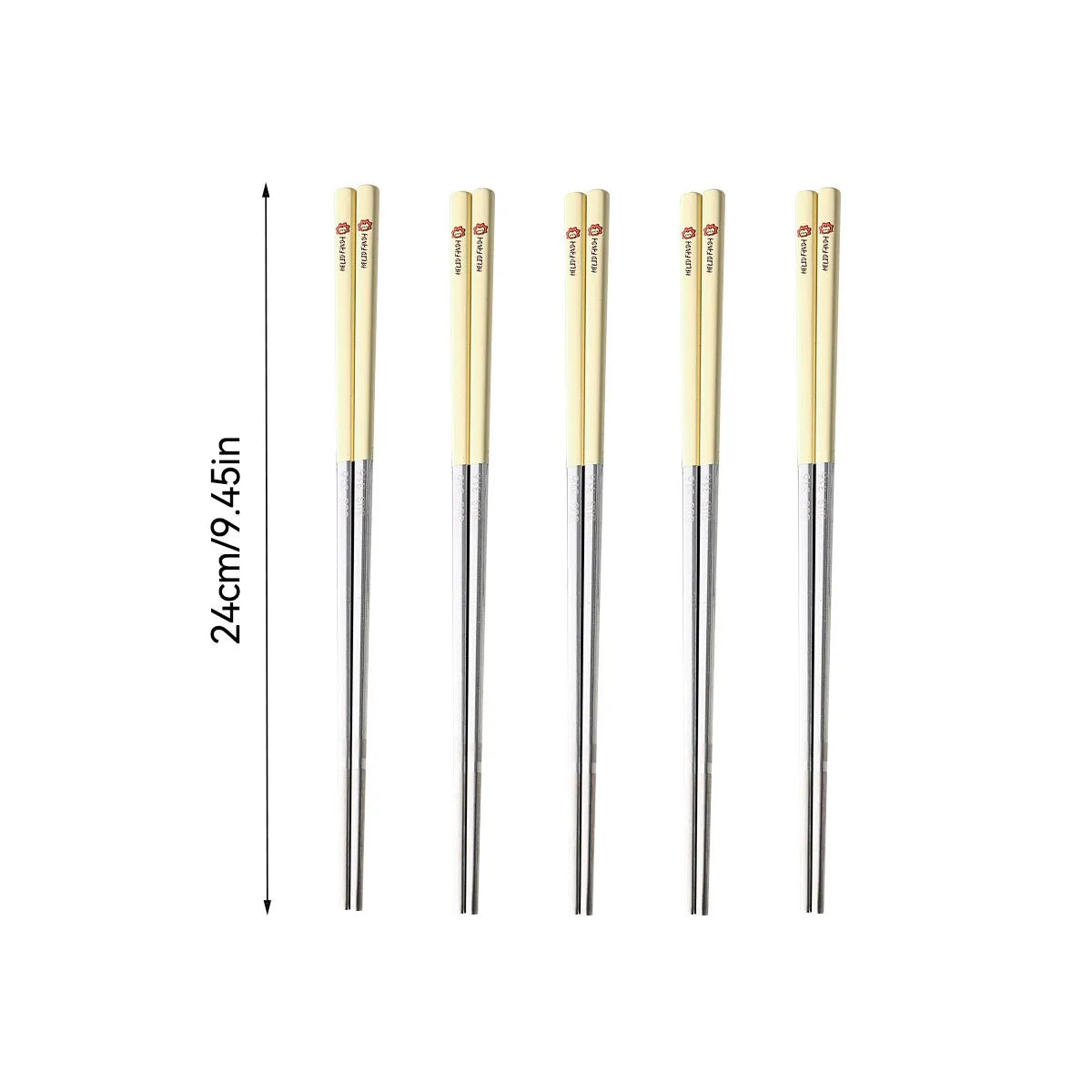 Set of five metal kawaii chopsticks with measurements on a white background