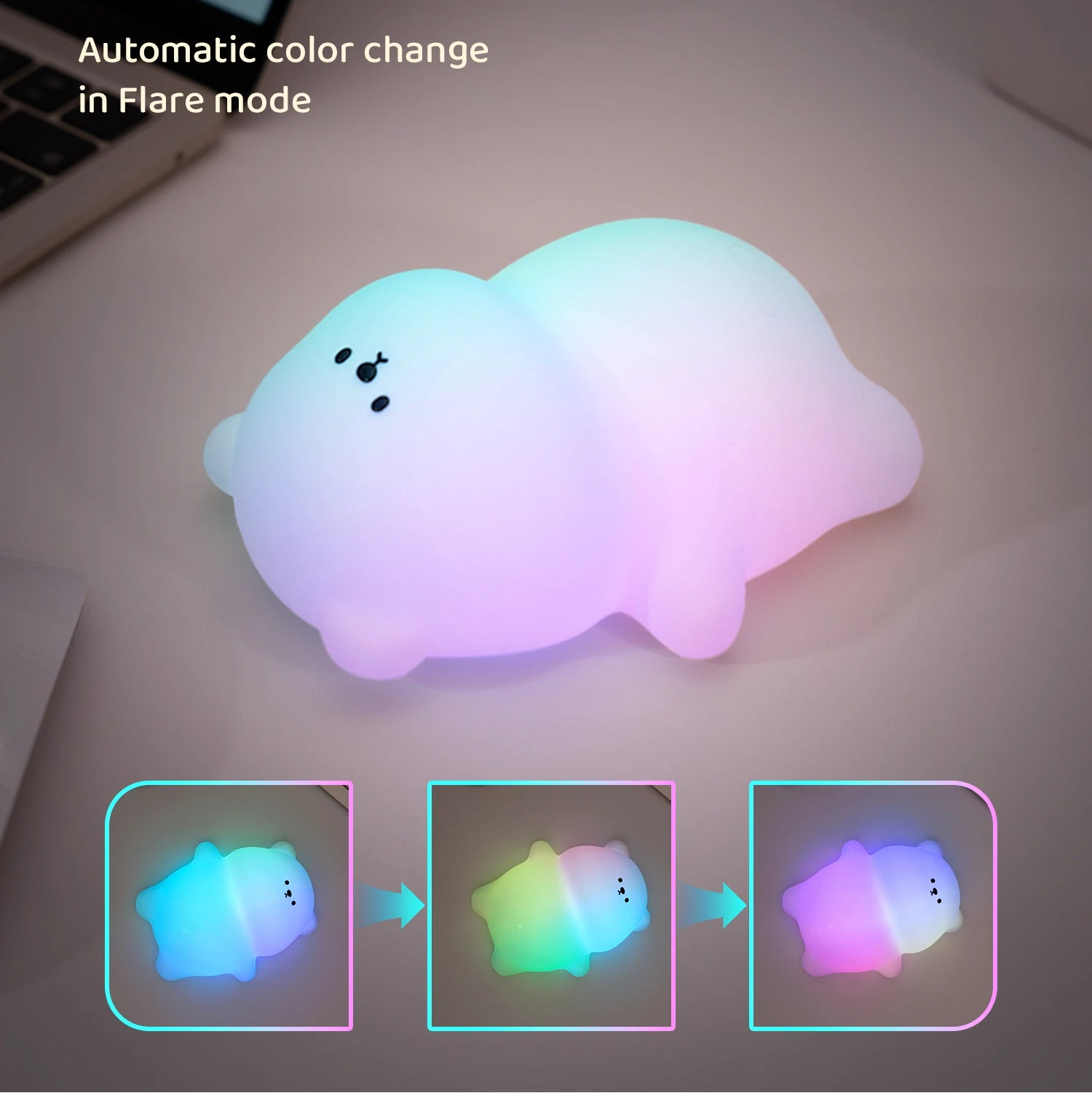 Color-changing kawaii night light on a desk with laptop, labeled 'Dazzle Color Auto Change'.