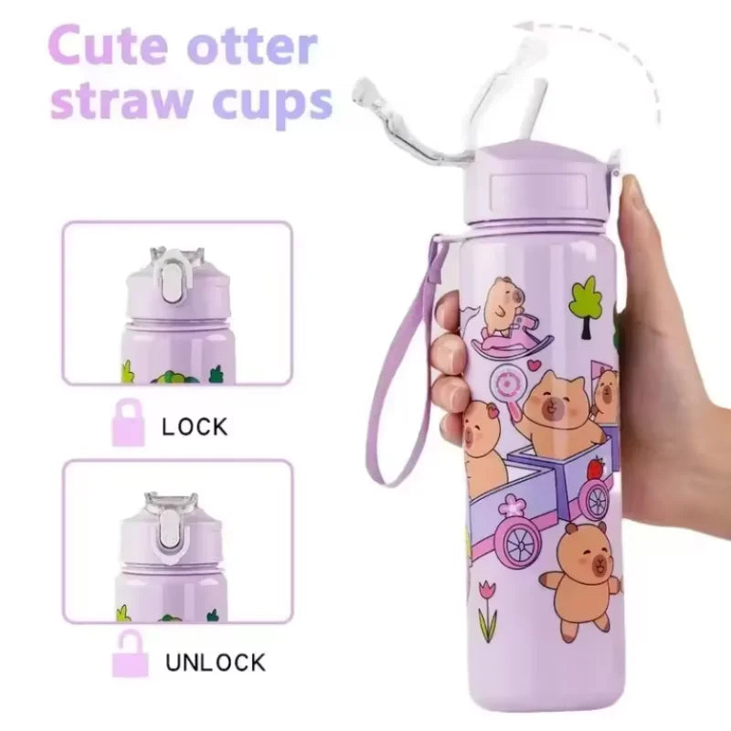 Cute capybara-themed straw kawaii cup with lock mechanism, held by a hand.