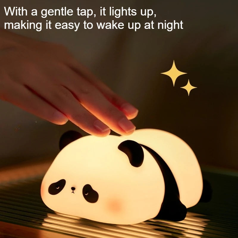 Panda-shaped kawaii night light being tapped by a hand with text indicating ease of use.