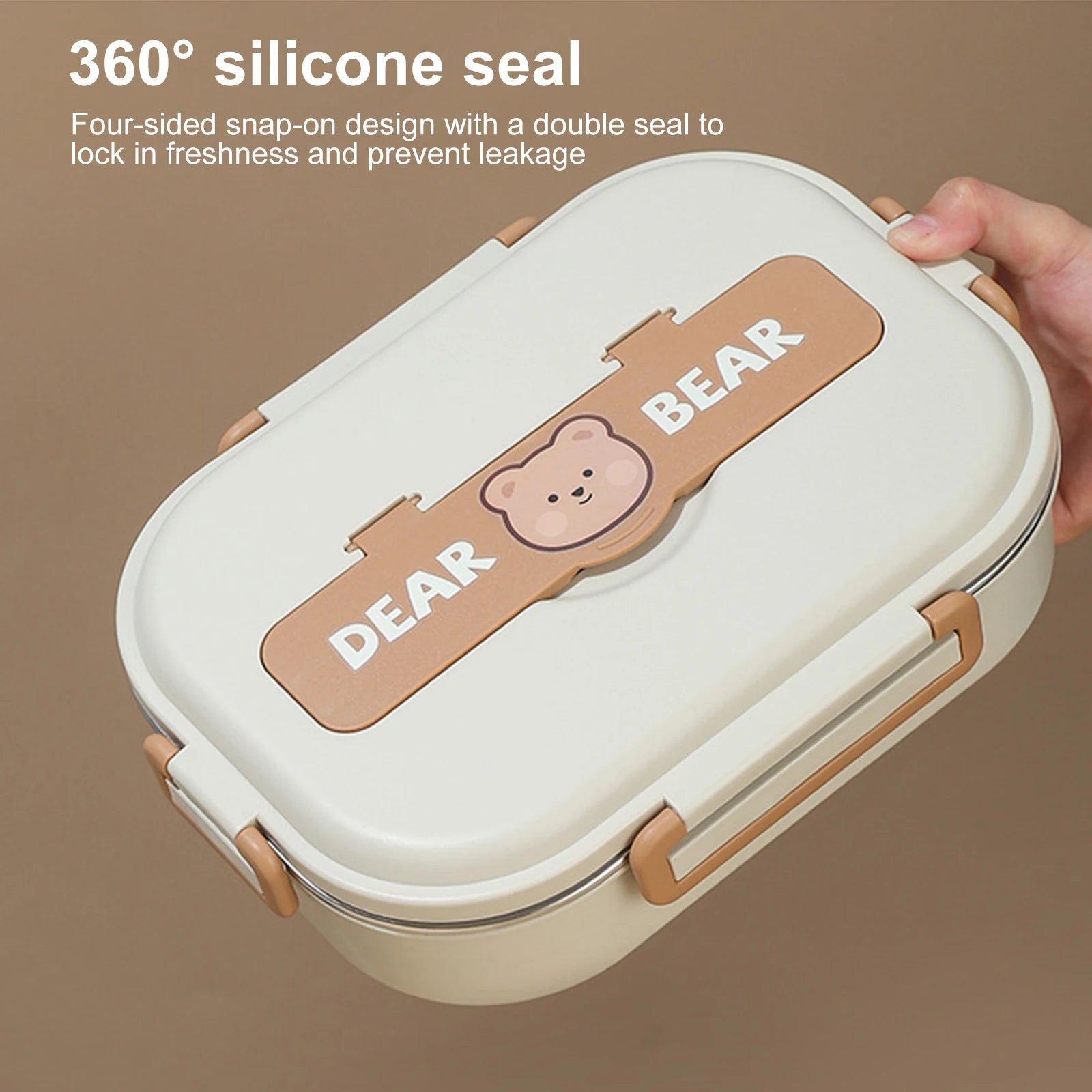 White lunch box with kawaii bear design and 'DEAR BEAR' text on a brown background