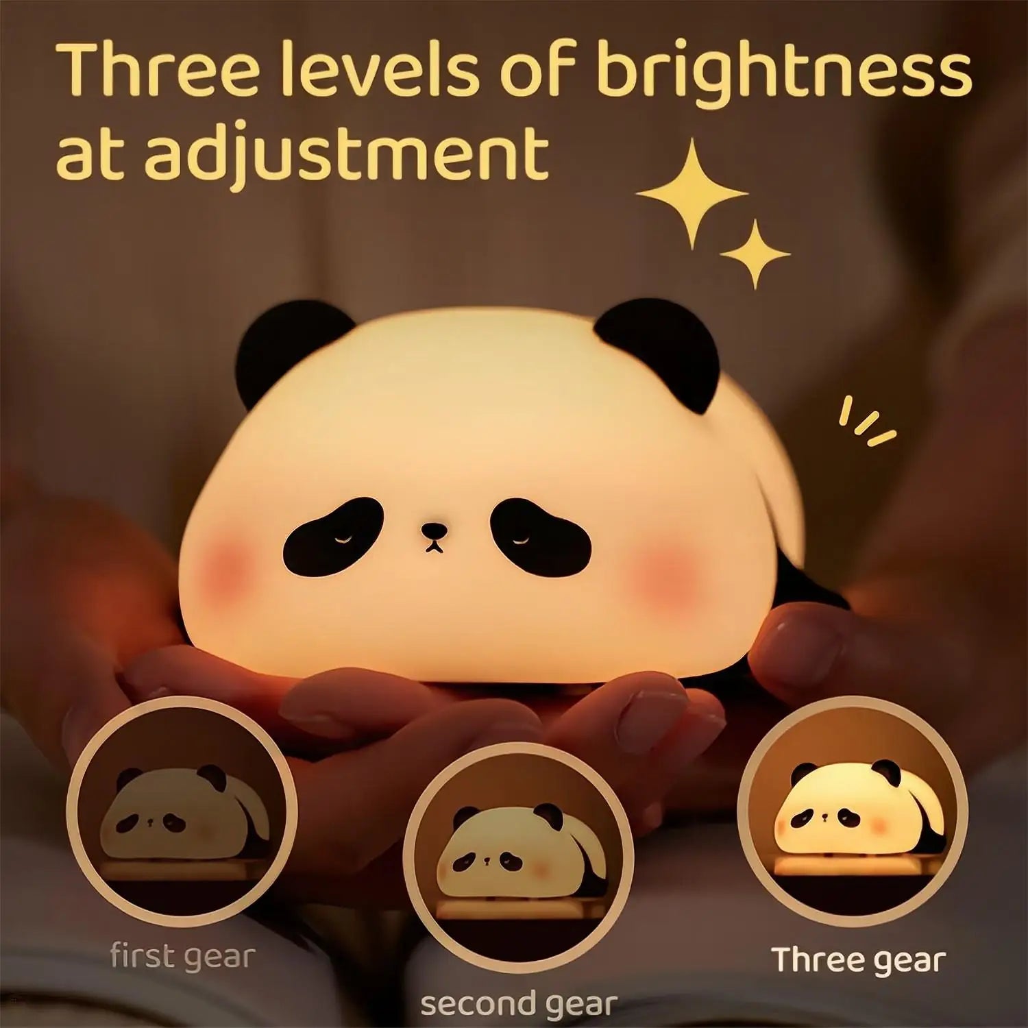 Cute panda-shaped kawaii night light held in hands with three brightness levels indicated.