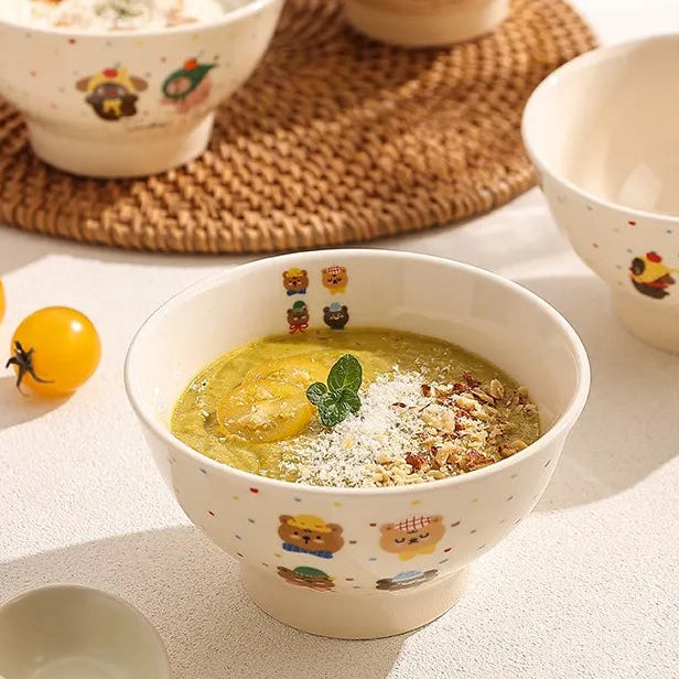 Set of kawaii ramen bowls with a wide mouth and high foot design on a table.