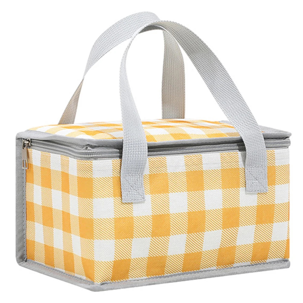 Yellow and white checkered kawaii lunch bag with gray handles on a white background