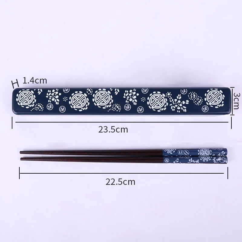 Kawaii chopstick case with floral patterns and dimensions on a white background