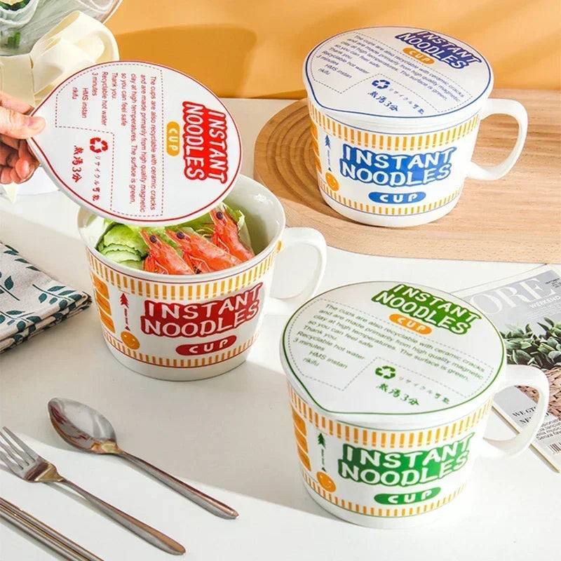 Three instant noodles kawaii ramen bowls in green, red and blue