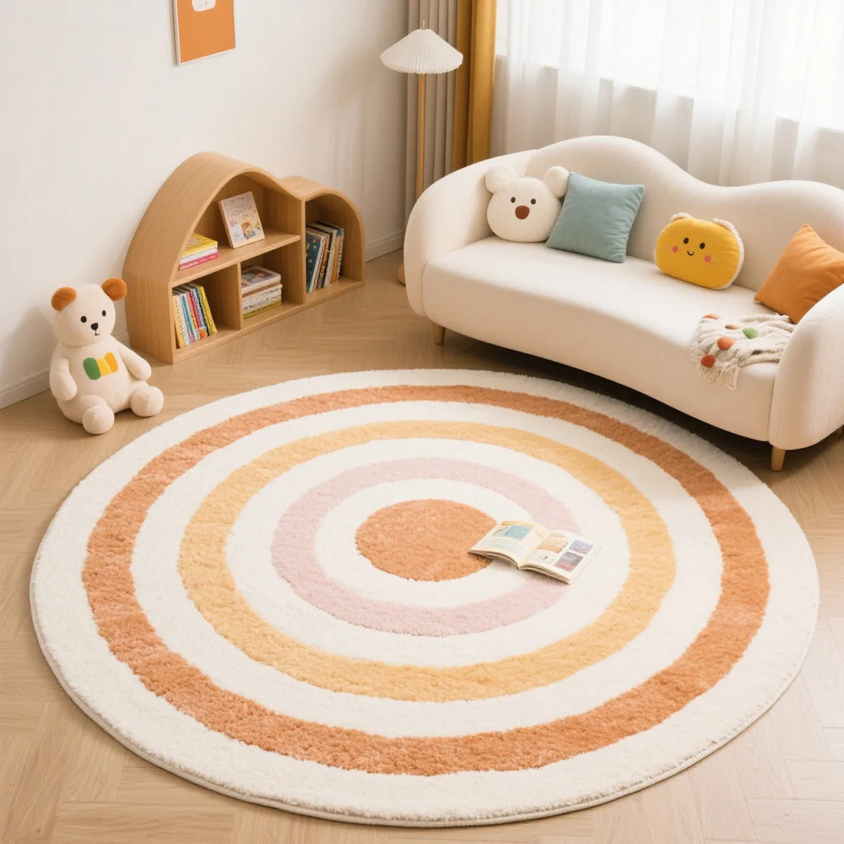 Round colorful kawaii rug in a child's room with a sofa, books, and toys.