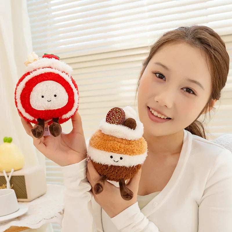 Woman holding two cute kawaii plush toys resembling desserts.