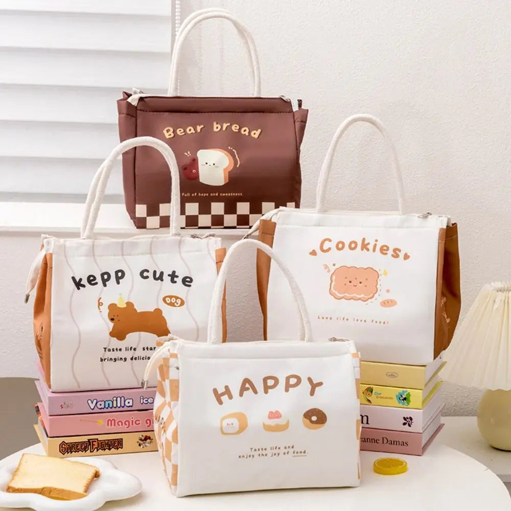 Set of cute kawaii bags with cartoon designs on a neutral background