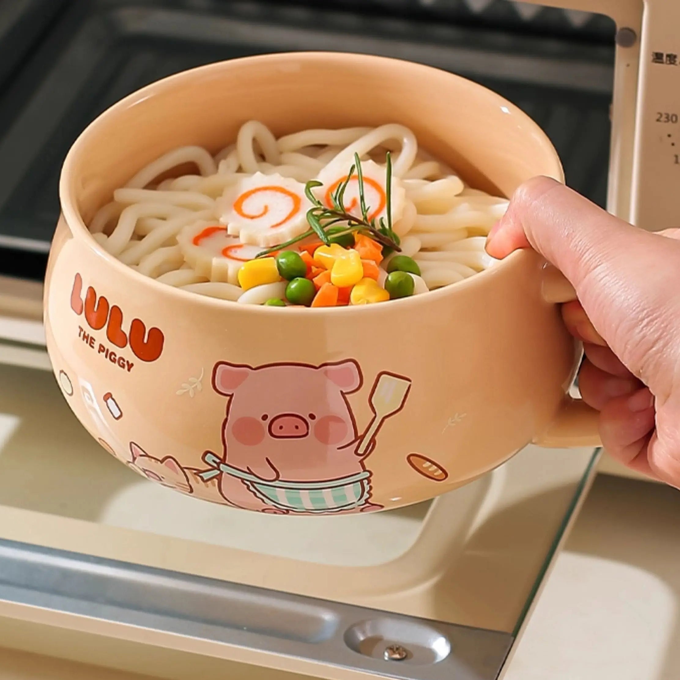 Cute cartoon kawaii ramen bowl with noodles and vegetables, held by a hand, on a kitchen background.