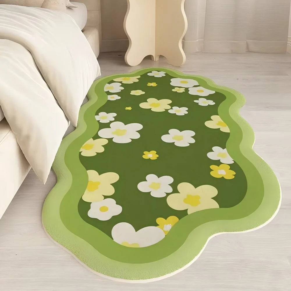 Floral-patterned green kawaii rug on a light wooden floor