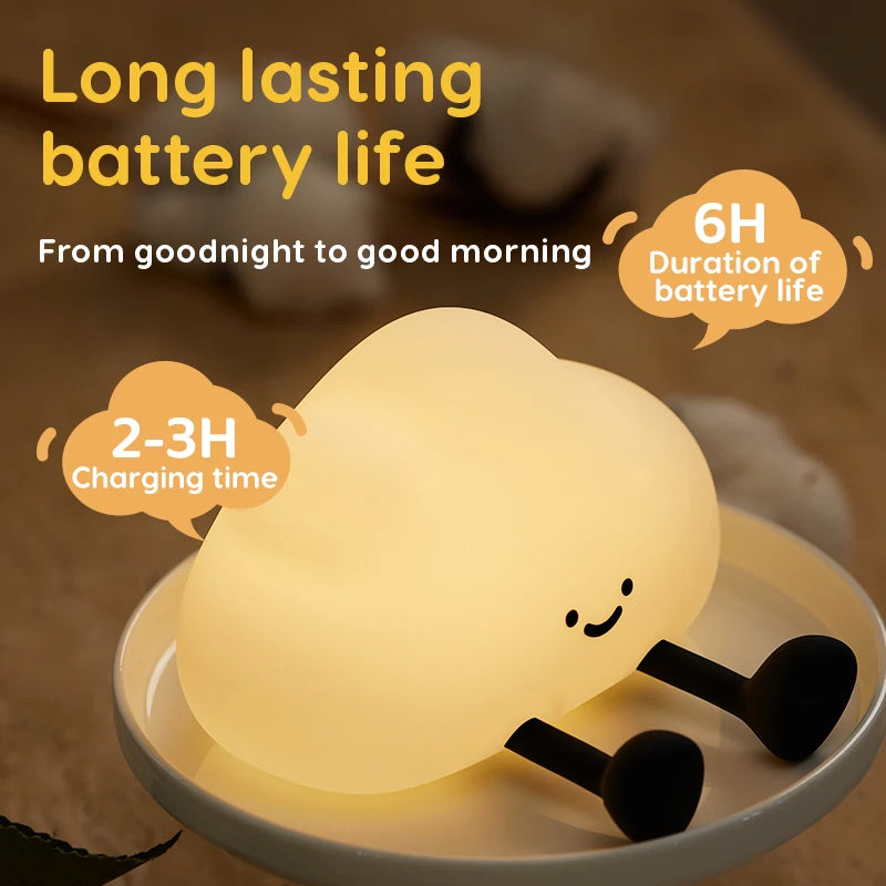 Kawaii night light with cartoon design on a plate, showing battery life and charging time information.
