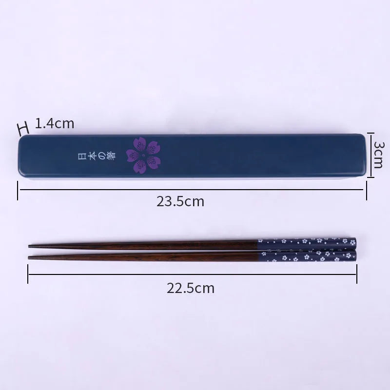 Kawaii chopsticks with a blue case and floral design, shown with measurements on a white background.