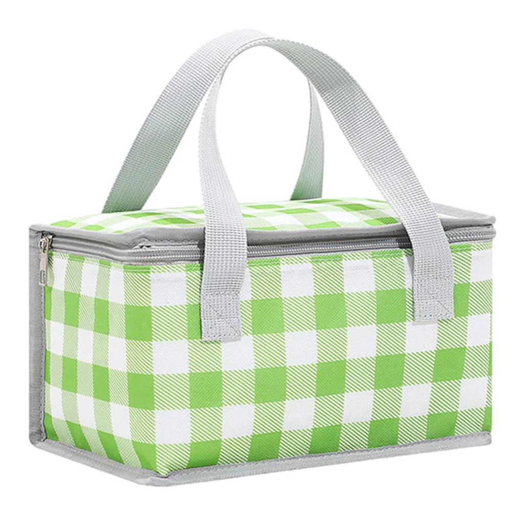 Green and white checkered kawaii lunch bag with gray handles on a white background