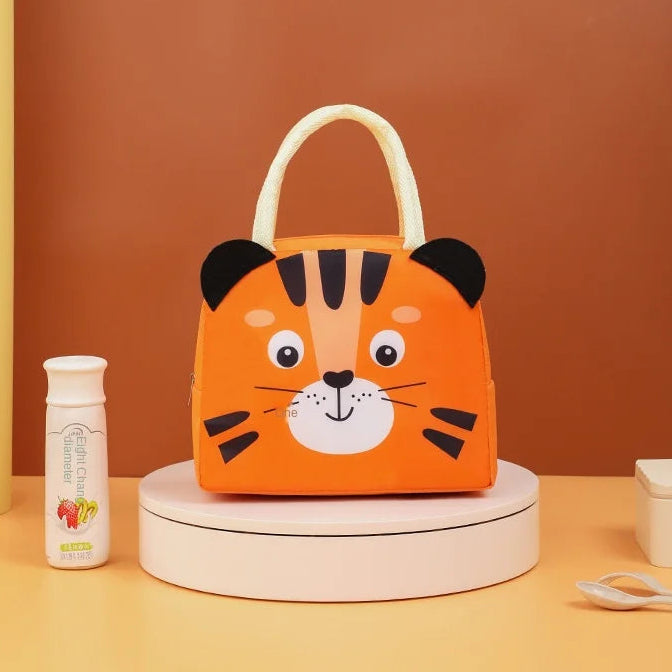 Orange tiger-themed kawaii lunch bag on a white background with 'Cute Lovely' branding.