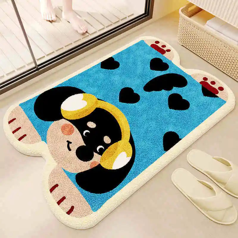Cartoon character kawaii rug on a floor with shoes nearby