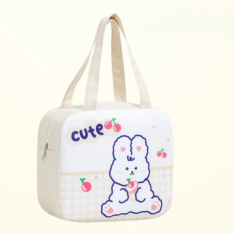 White kawaii bag with a cartoon bunny and 'cute' text on a white background