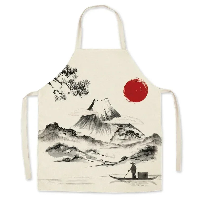 Kawaii apron with mountain and boat design on a white background