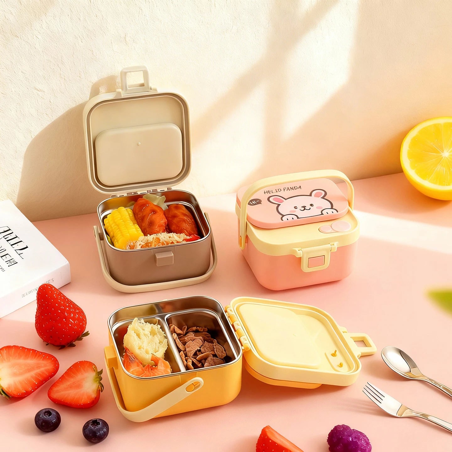 Set of kawaii lunch boxes with compartments on a pink surface with fruits and utensils.