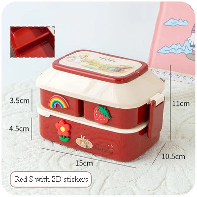 Red kawaii lunch box with 3D stickers and measurements on a light gray background