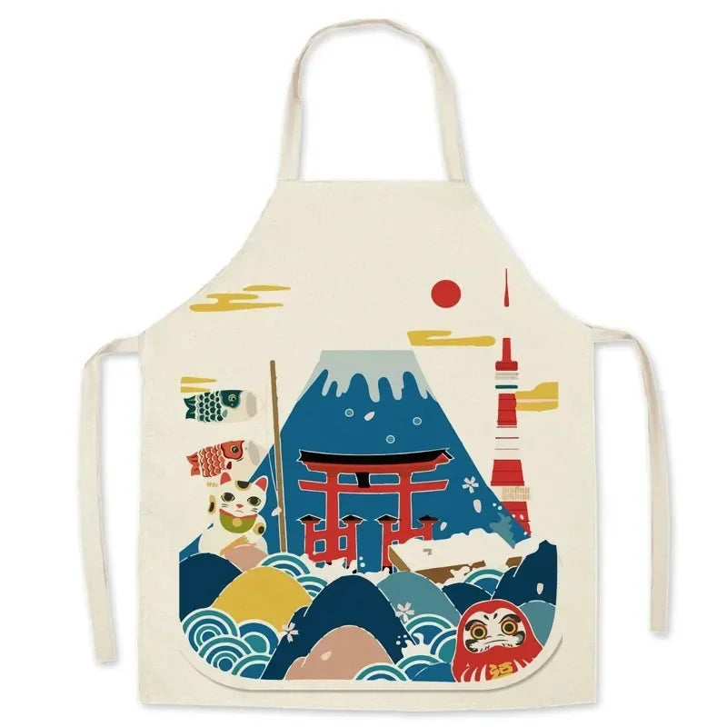 Kawaii apron with Japanese-themed design featuring Mount Fuji, a torii gate, and a cat.