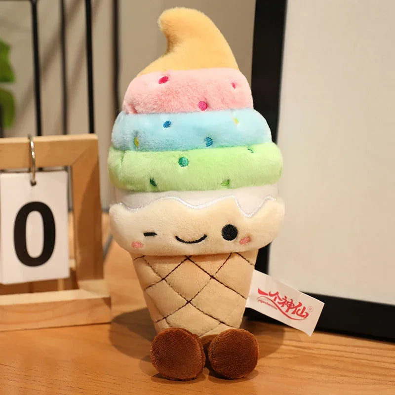 Kawaii plush ice cream toy with colorful layers on a wooden surface