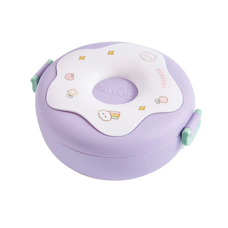 Purple kawaii children's lunch box with cartoon designs on a white background