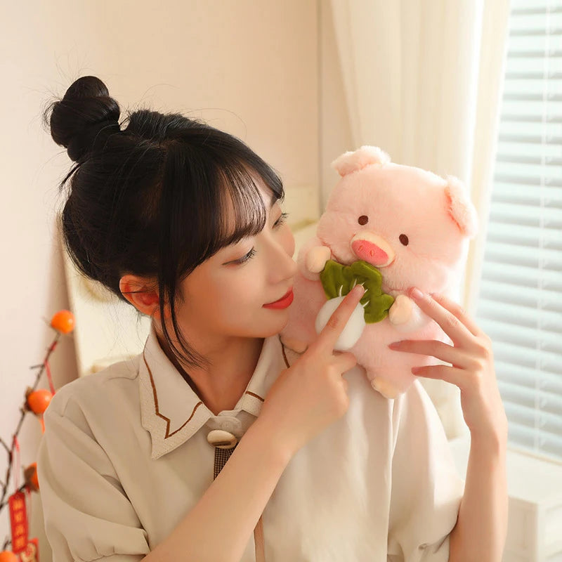 Woman holding a pink kawaii plush toy in a softly lit room