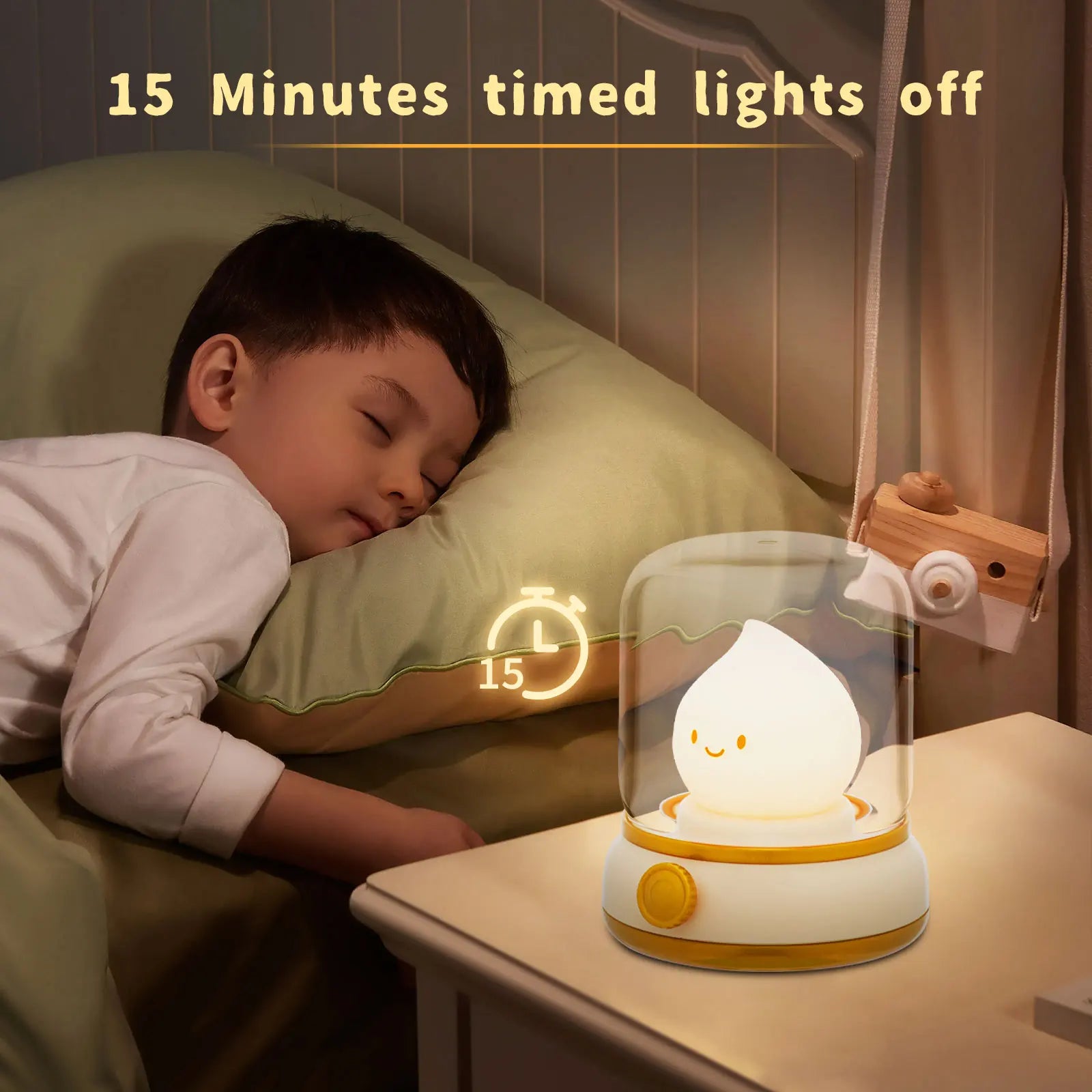 Child sleeping in bed with a kawaii night light on a bedside table, featuring a timer.