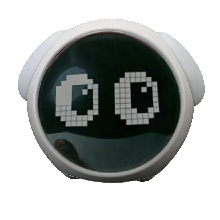 Pixelated eyeglass lenses with a kawaii digital clock on a white background