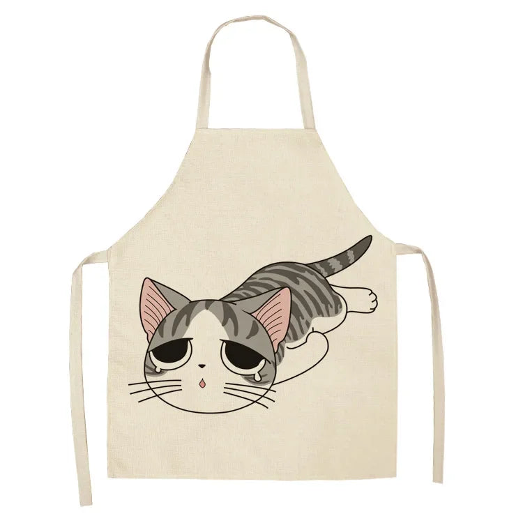 Beige kawaii apron with a cartoon cat design on a white background