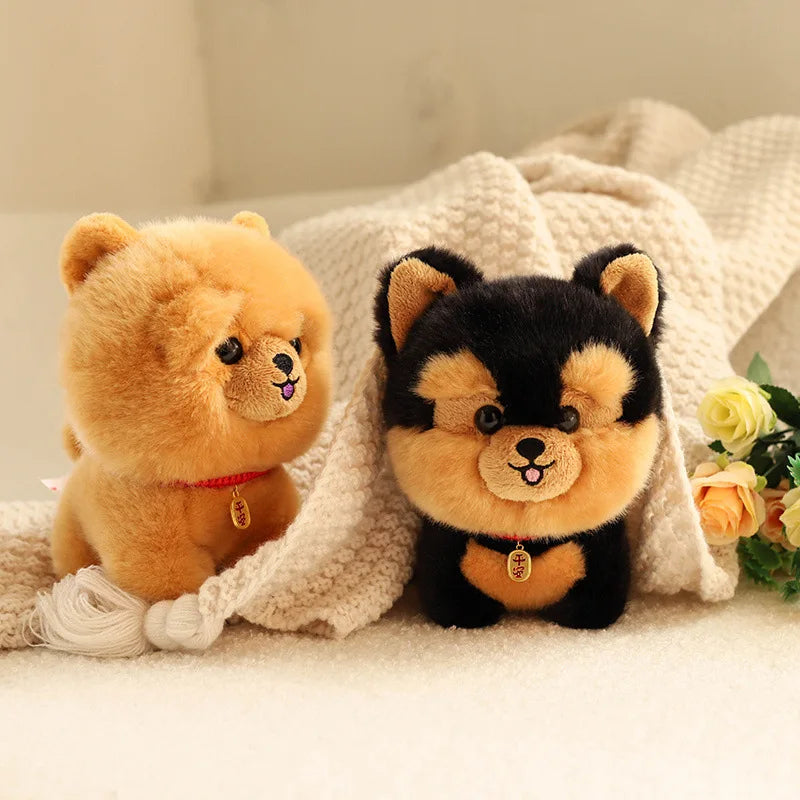 Two kawaii plush toys resembling dogs sitting on a blanket with flowers in the background.