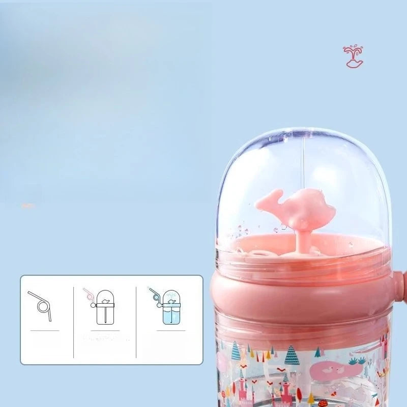 Pink kawaii water bottle with cloud design on a light blue background