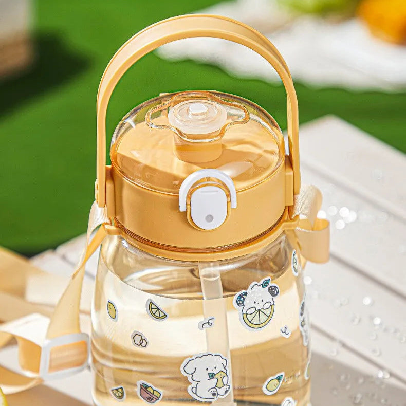 Clear kawaii water bottle with cartoon designs on a wooden surface, with text about safe drinking and premium PC material.