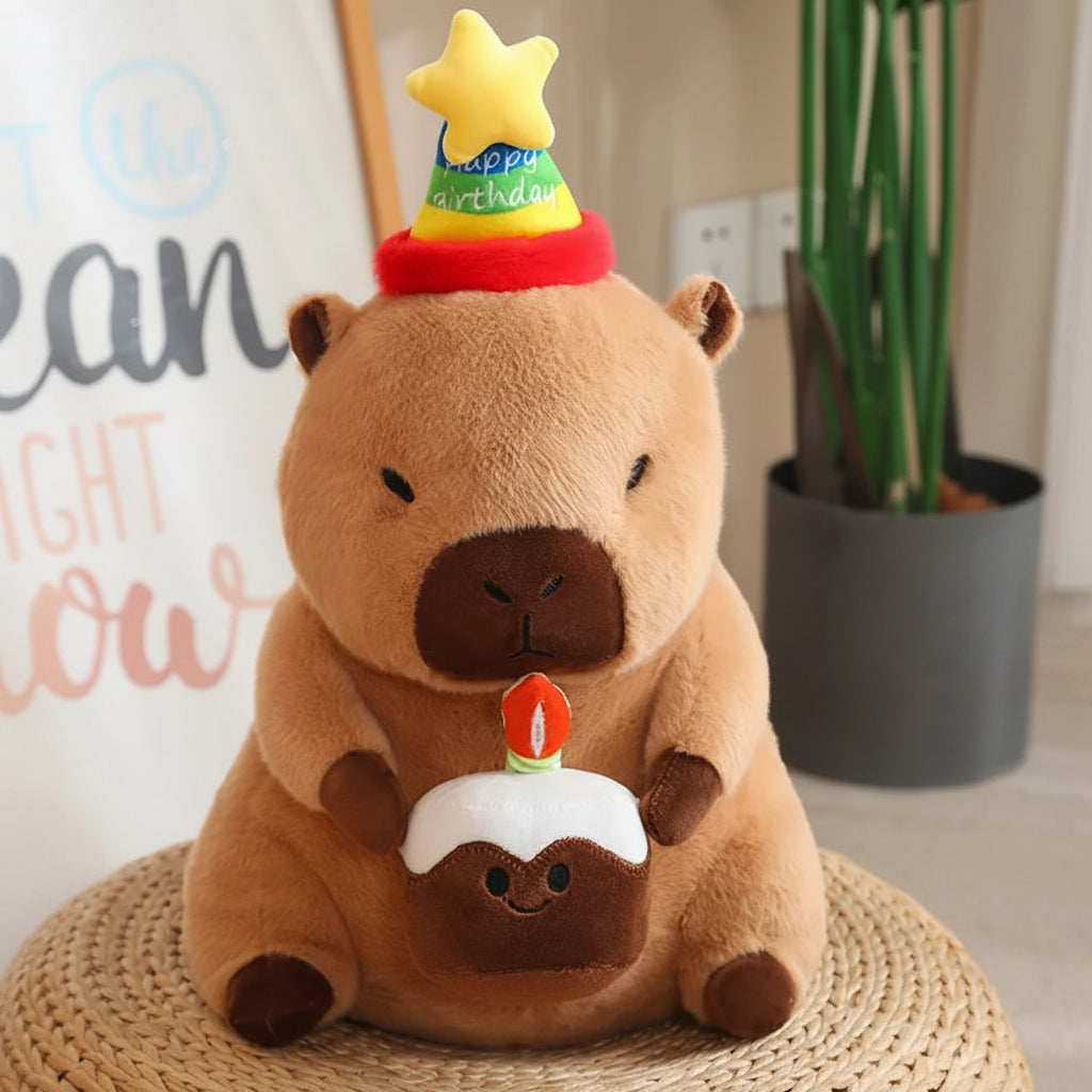 Capybara plush toy with birthday hat and cake, sitting on a woven mat.