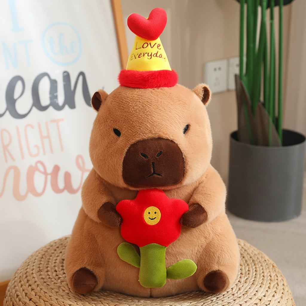 Capybara plush toy with a red flower and heart-shaped hat on a woven mat.