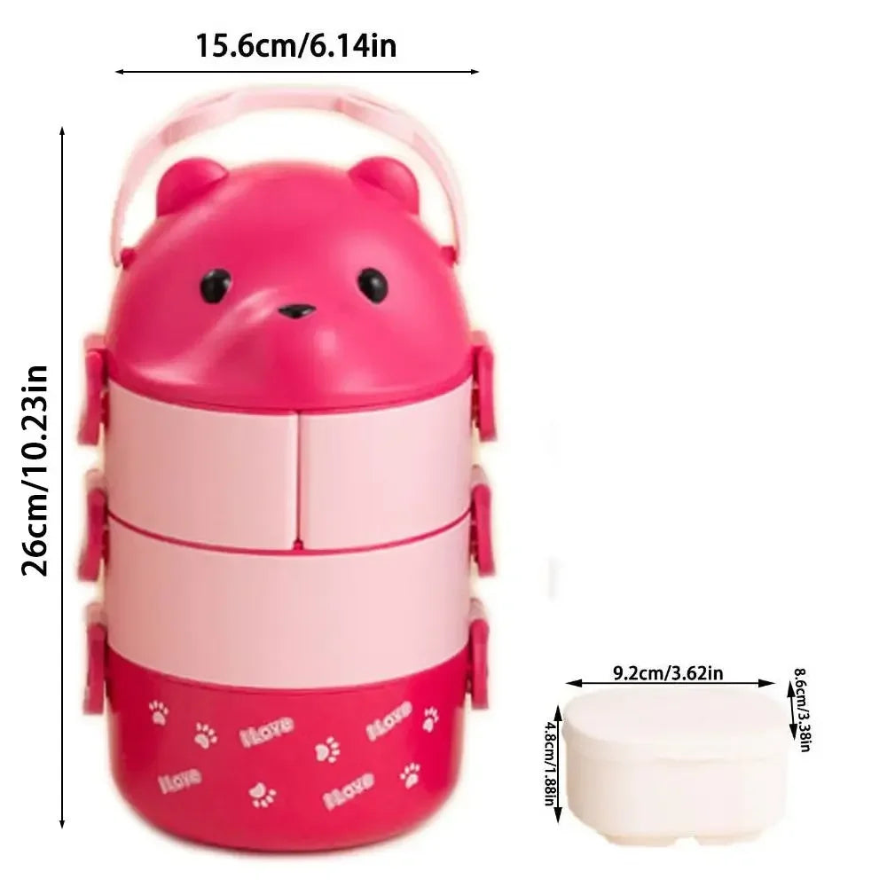 Pink bear-shaped kawaii lunch box with measurements on a white background