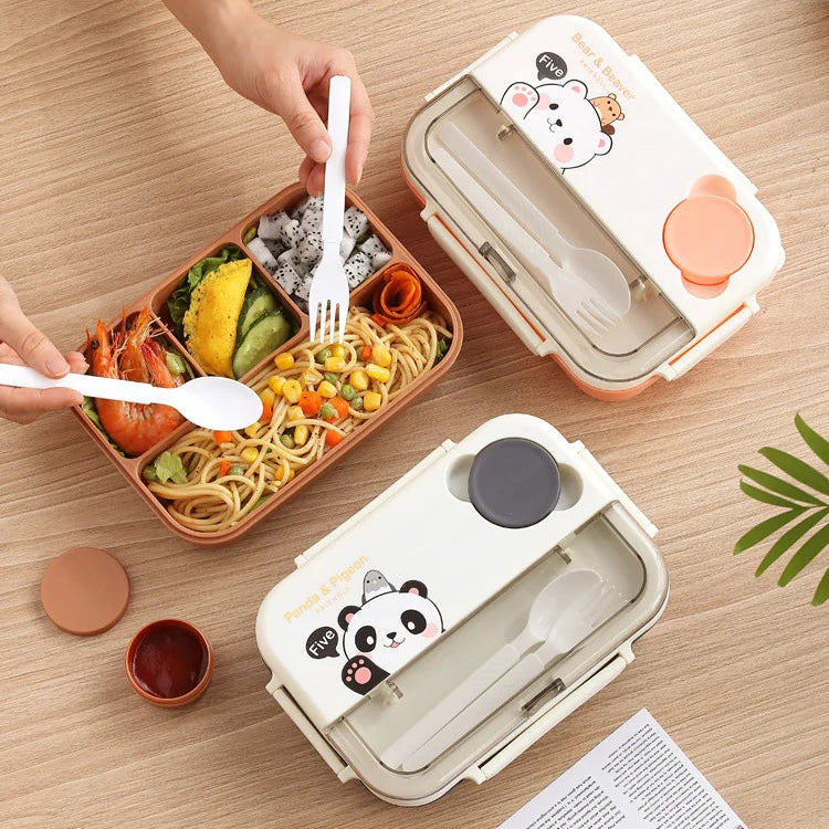 Kawaii bento box with panda design, food, and cutlery on a wooden table