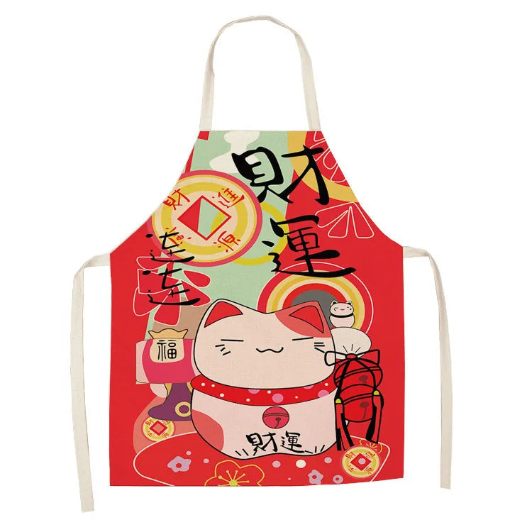 Red kawaii apron with a cartoon cat and Chinese characters on a white background