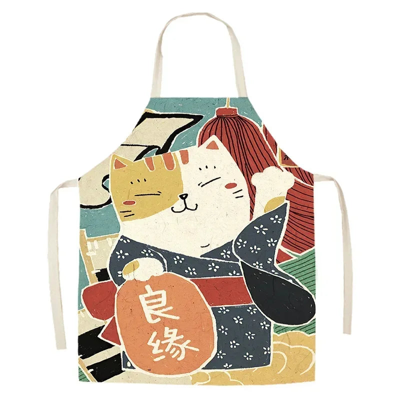 Colorful kawaii apron with cartoon cats and traditional elements on a white background