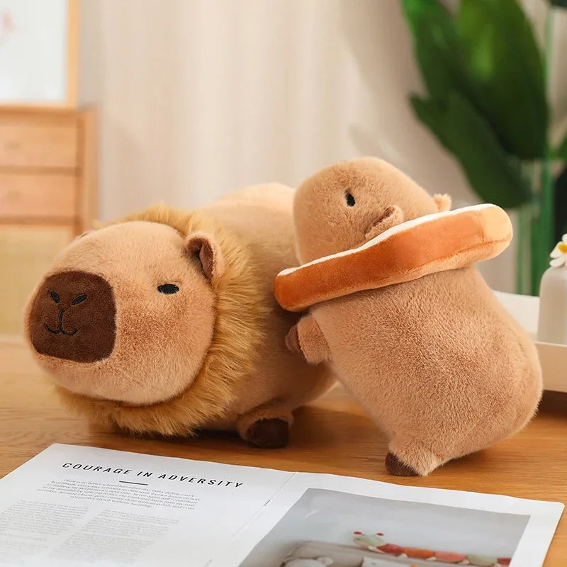 Two kawaii plush lion toys hugging on a wooden surface with a blurred background