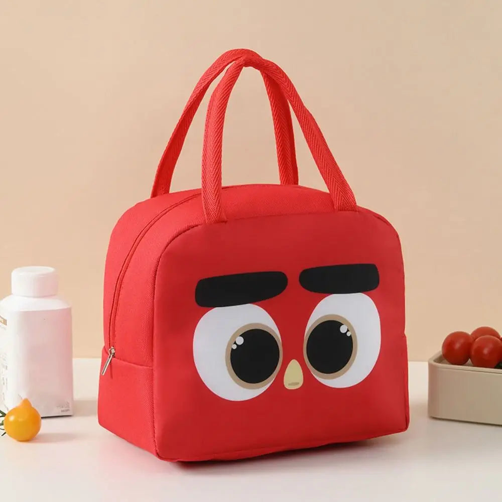 Red kawaii bag with cartoon face design on a beige background