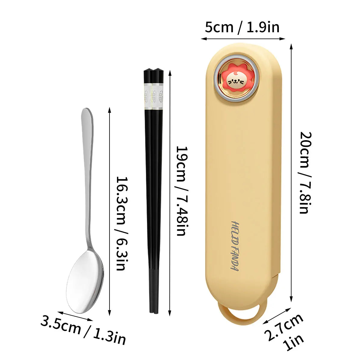 Lion shaped yellow kawaii utensils on a white background