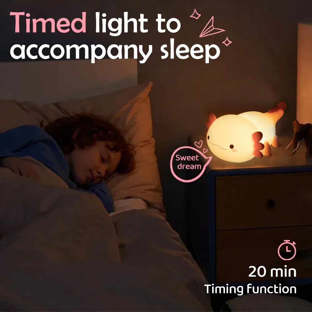 Child sleeping in bed with a nightlight on a nightstand, featuring text about timed kawaii light for sleep.