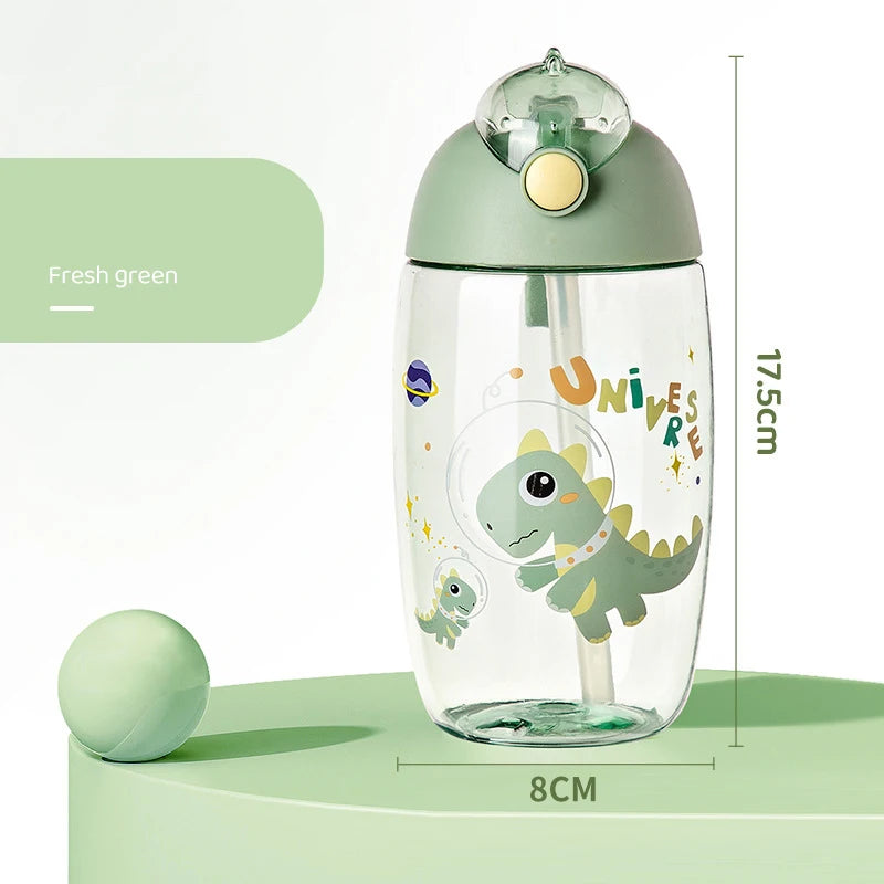 Green dinosaur-themed kawaii water bottle with measurements on a green background