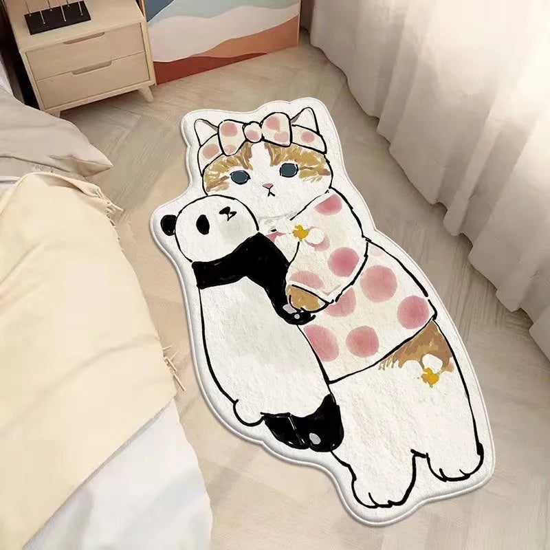 A cute cat rug with a bow in their hair, holding a panda plushy lies on the floor