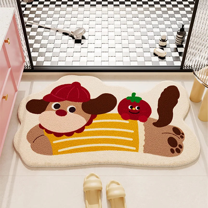 Cartoon-style kawaii bath mat with a dog and apple design on a checkered bathroom floor.