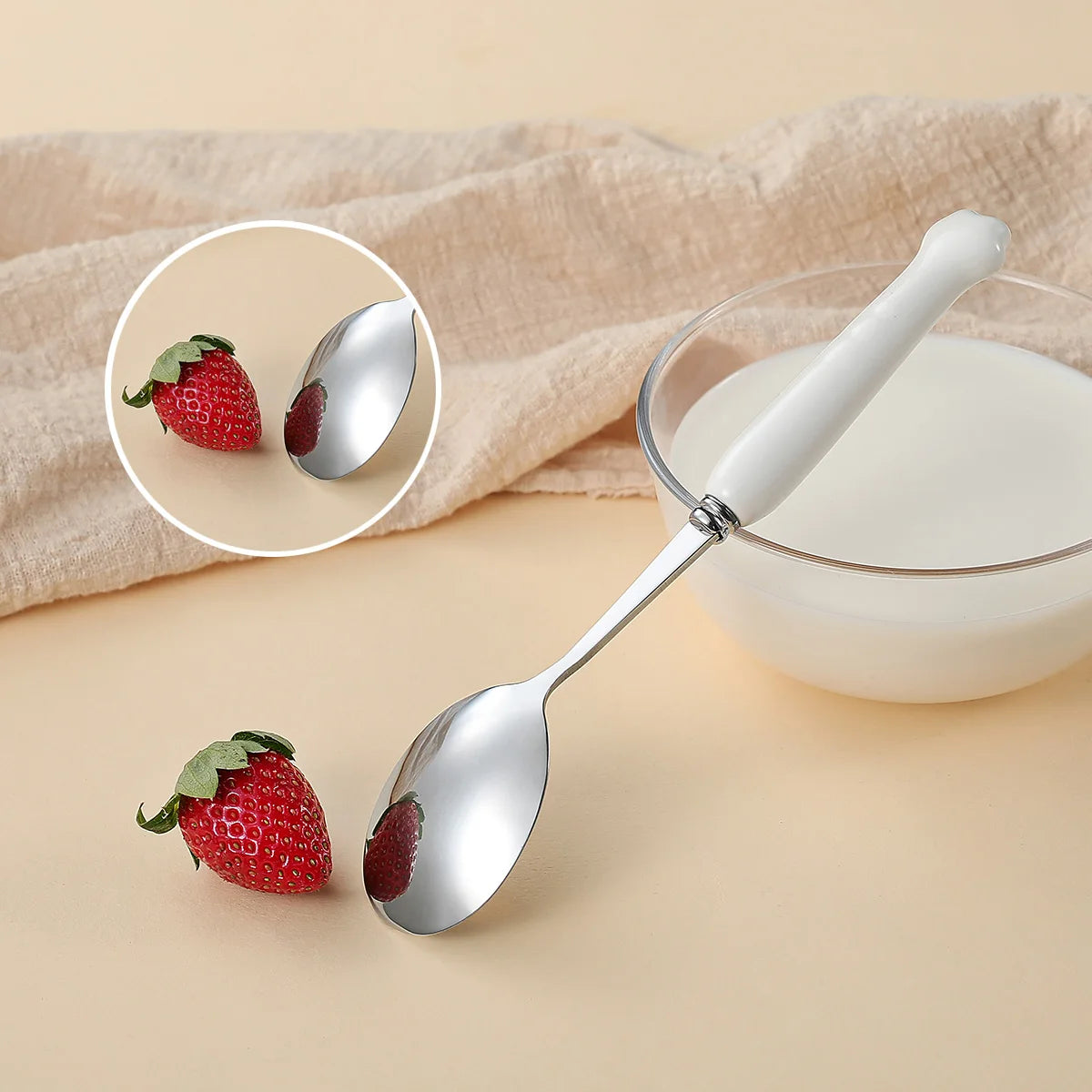 A white kawaii utensil propped up against a bowl